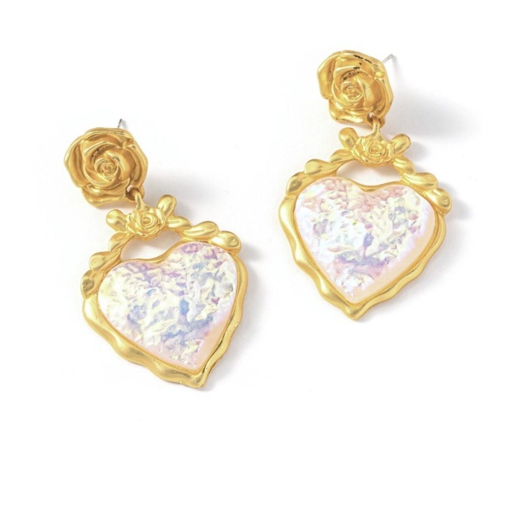 Anthropologie Gold Rose Heart Drop Earrings with Iridescent Inlay - Picture 2 of 5